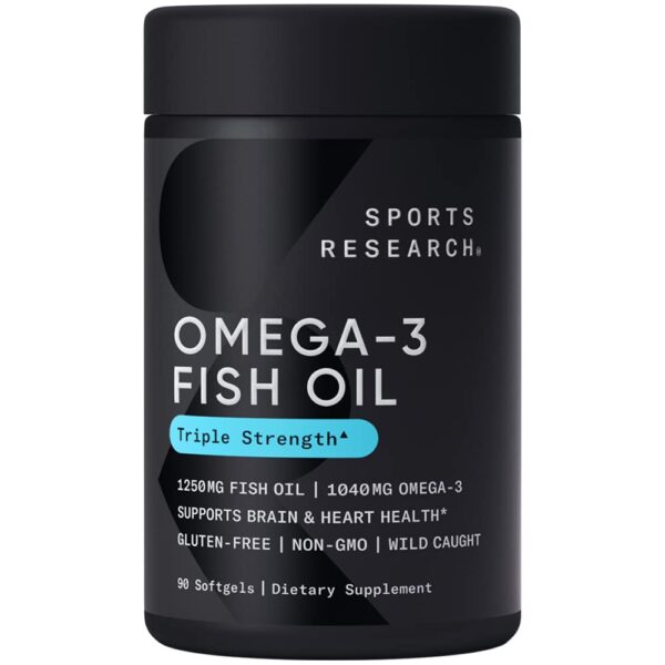 Sports Research Triple Strength Omega 3 Fish Oil - Burpless Fish Oil Supplement w/EPA & DHA Fatty Acids from Single-Source Wild Alaskan Pollock - 1250 mg, 90 ct