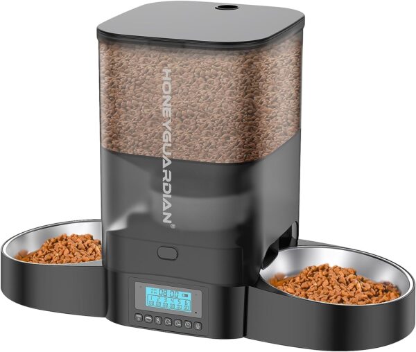 HoneyGuaridan Automatic Cat Feeder for Two Cats,3.5L Cat Food Dispenser with Stainless Steel Bowl,Timed Cat Feeder Programmable 1-6 Meals Control, Dual Power Supply,Desiccant Bag,10s Meal Call(Black)