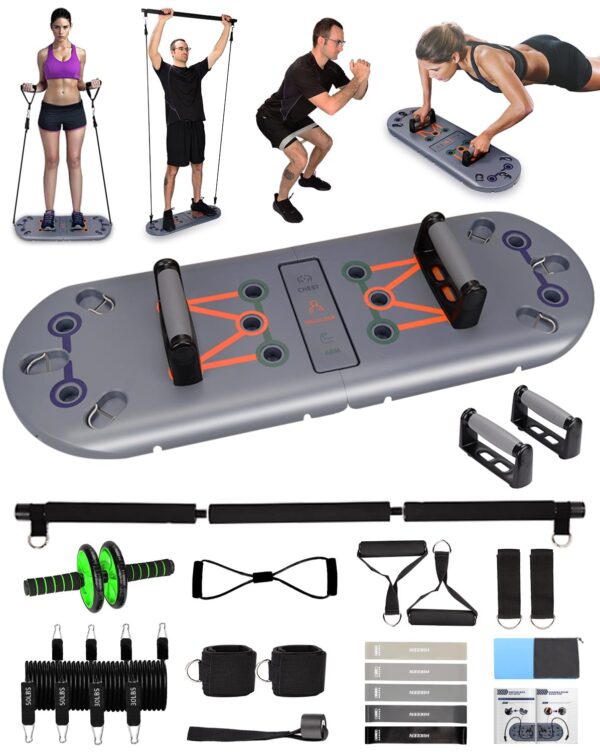 Hikeen Home Workout Equipment to Help Achieve Fitness Goals, 27-in-1 Portable Gym Exercise Equipment with Compact Push-Up Board, Resistance Bands, Ab Roller Wheel, and Pilates Bar, Master Your Workout